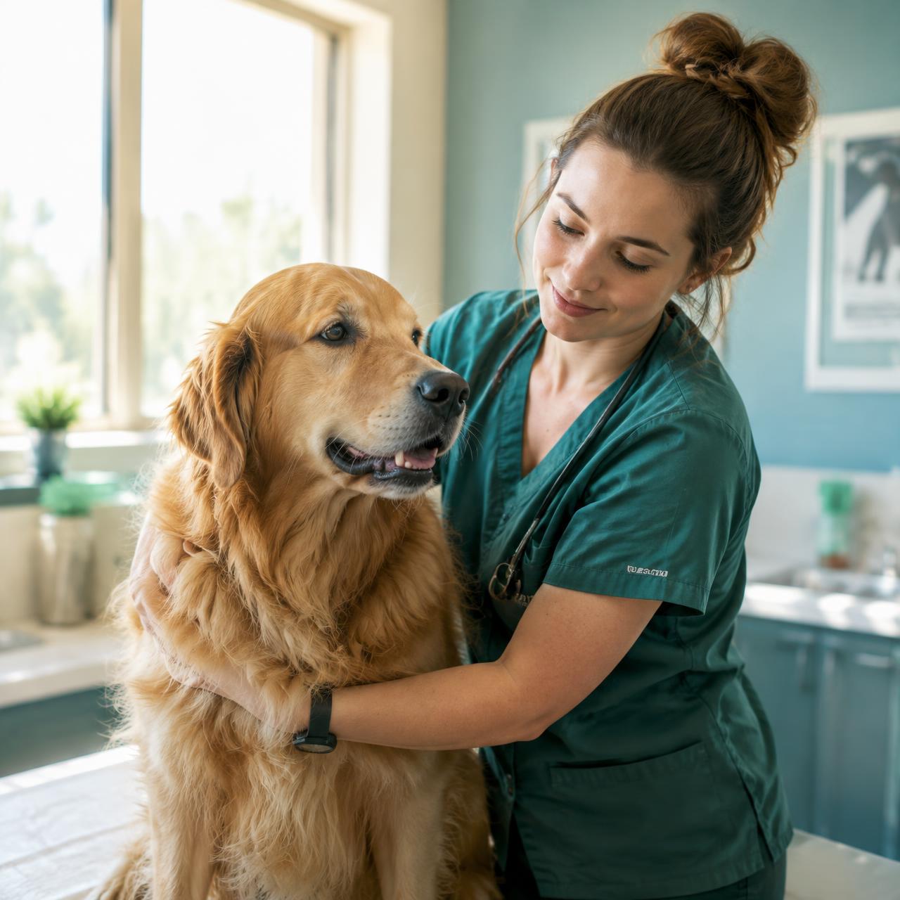Auxiliar veterinaria con un golden retriever